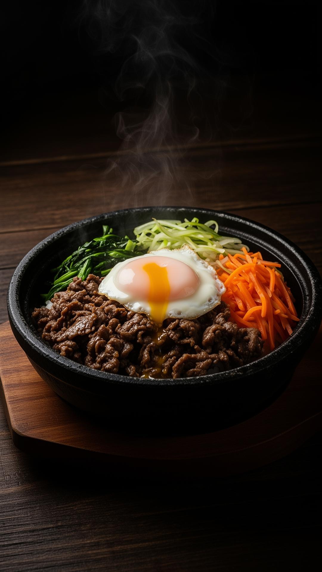 Sizzling stone pot dolsot bibimbap with runny egg yolk