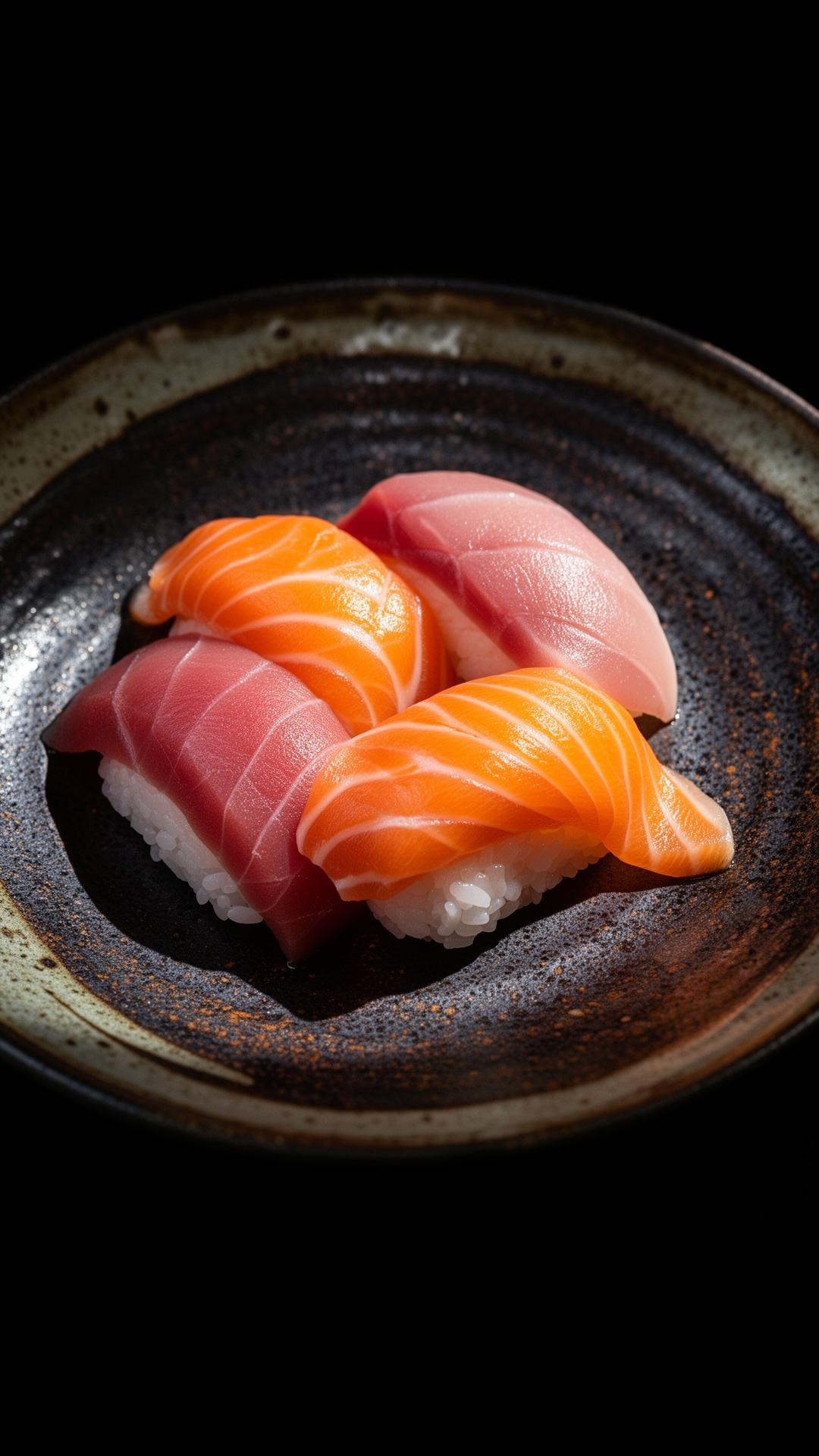 Salmon and tuna nigiri on rustic ceramic